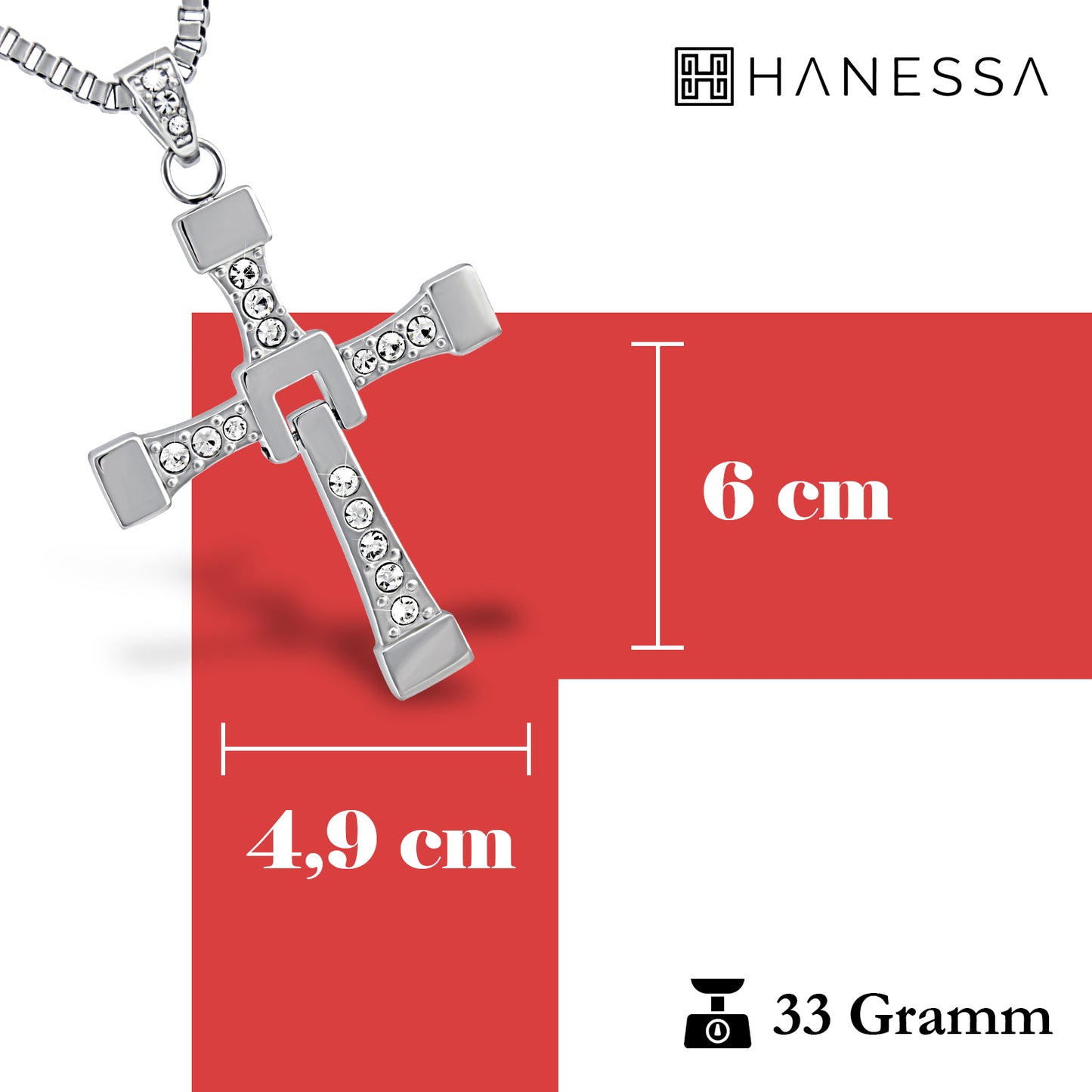 Personalisierte Vin Diesel Kette Edelstahl mit Kreuz-Anhänger und Strass Steinen 60cm lang - Dominic Toretto Halskette inspiriert von Fast and Furious